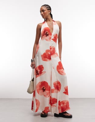 Susmie's halterneck maxi dress with poppy print in white and red