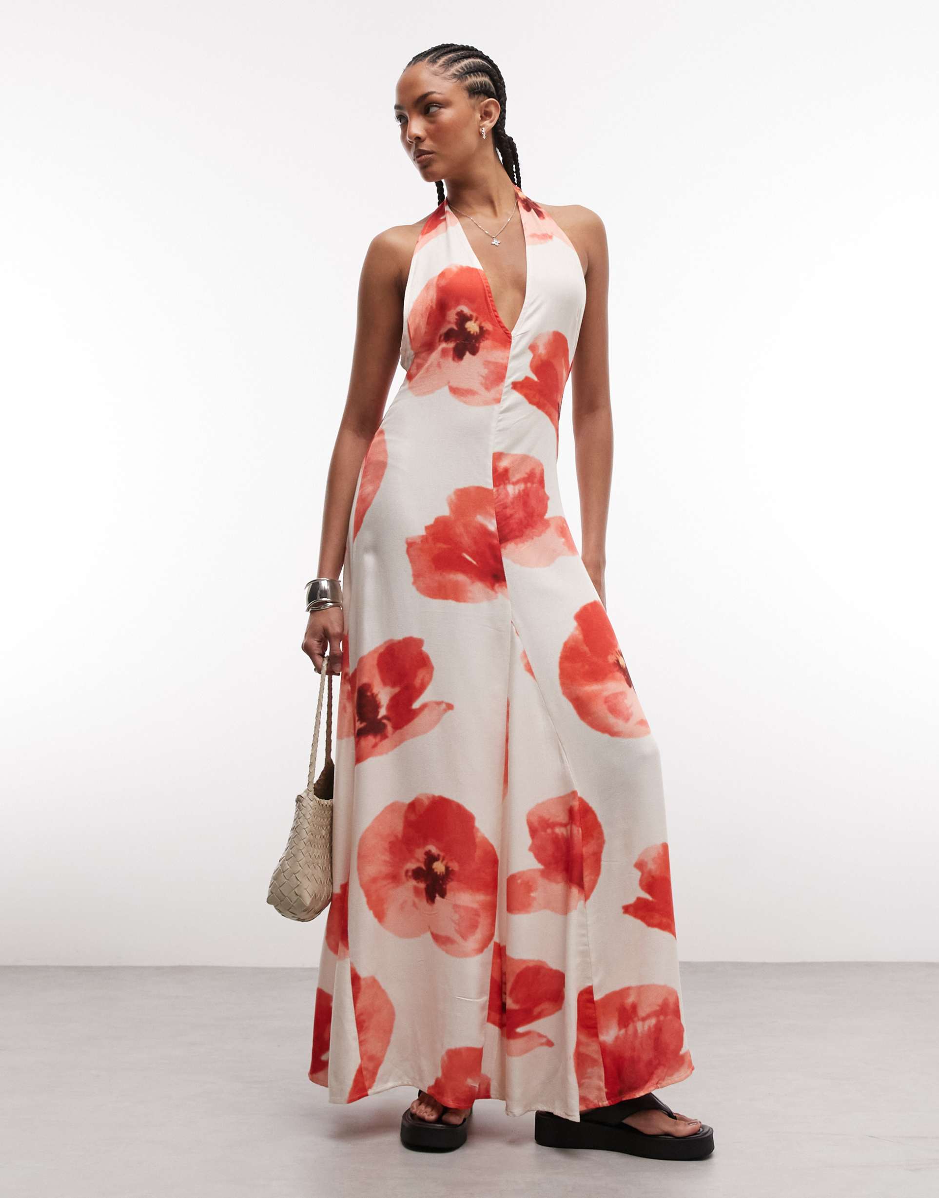 susmie's halterneck maxi dress with poppy print in white and red