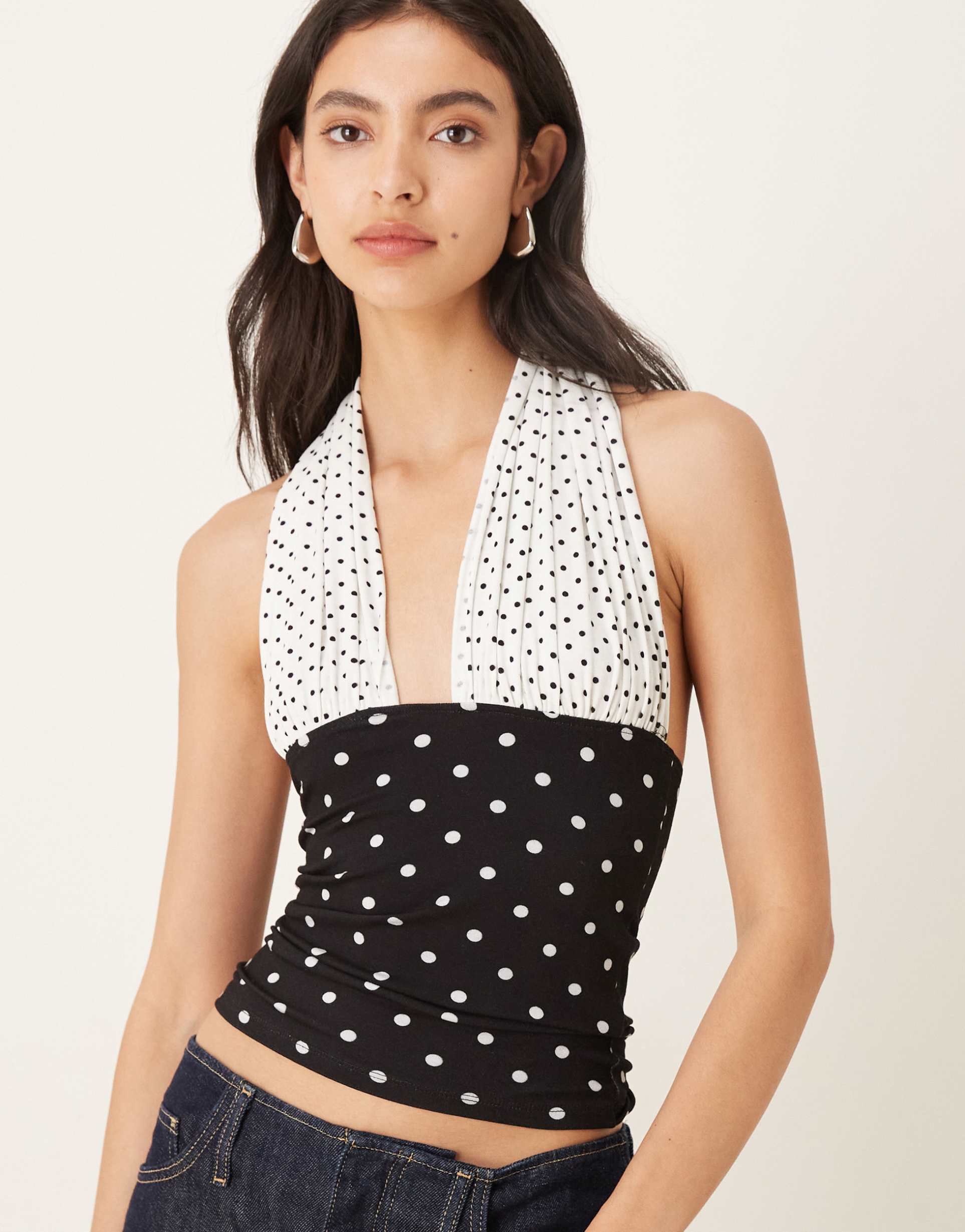 susmie's isabella halterneck tie top in contrast polka dots