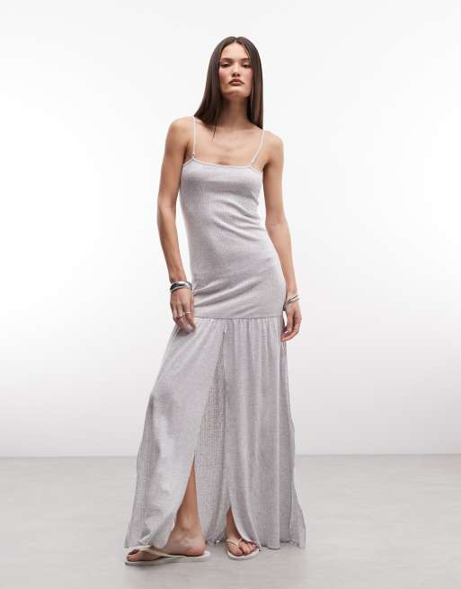 Susmie's jasmine strappy pointelle split front maxi dress in grey, 2 of 4