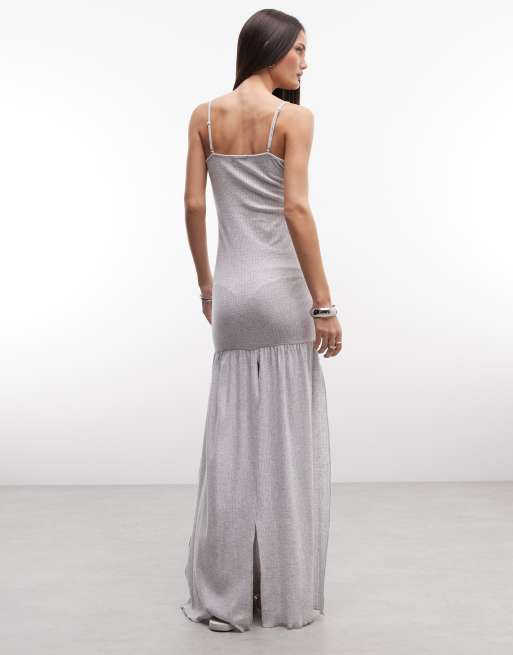 Susmie's jasmine strappy pointelle split front maxi dress in grey, 4 of 4