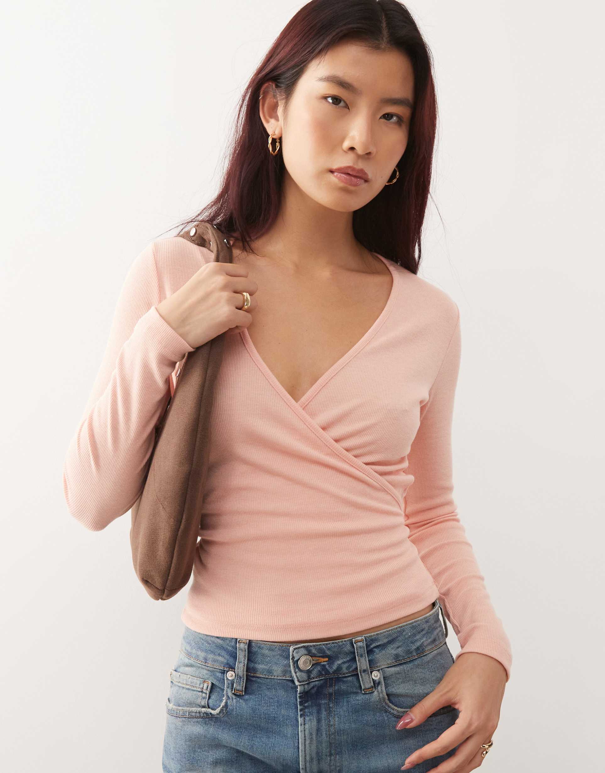 susmie's kate ballet inspired wrap waist long sleeve top in pink