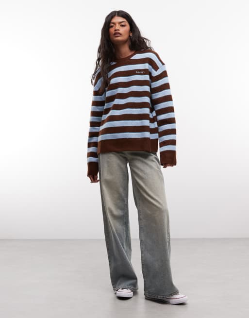 Susmies long sleeve fuzzy knit jumper in blue brown stripe, 3 of 4