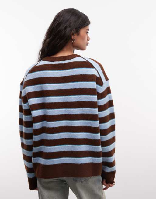 Susmies long sleeve fuzzy knit jumper in blue brown stripe, 4 of 4
