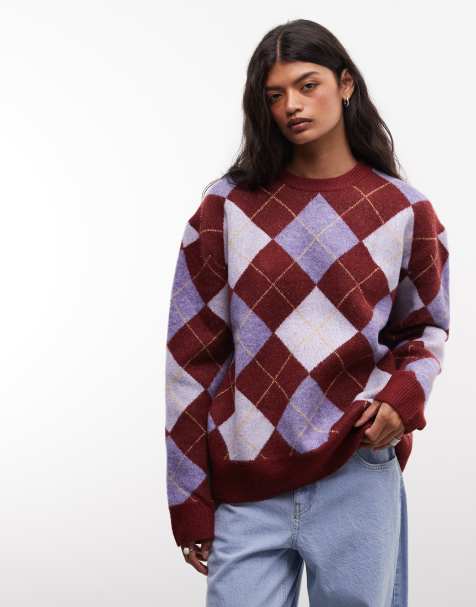Susmies long sleeve fuzzy knit jumper in brown purple argyle - view 1