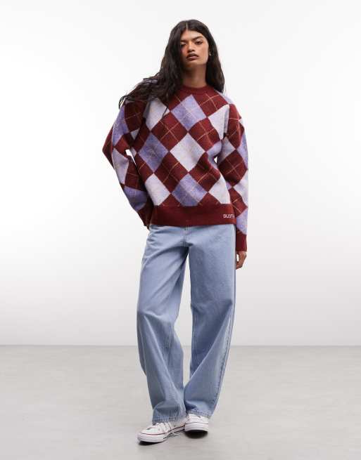 Susmies long sleeve fuzzy knit jumper in brown purple argyle, 2 of 4