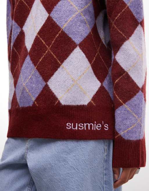 Susmies long sleeve fuzzy knit jumper in brown purple argyle, 3 of 4