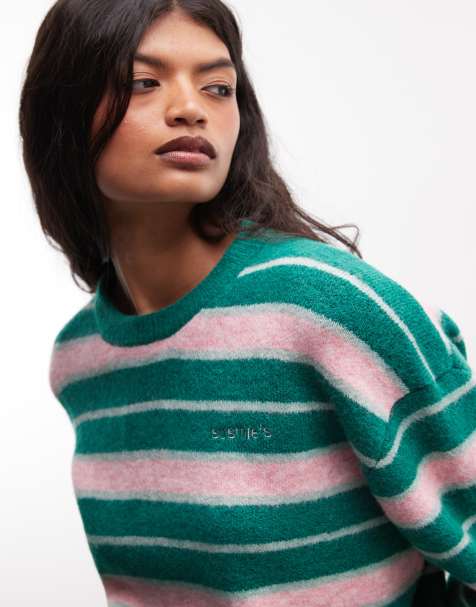 Susmie's long sleeve fuzzy knit jumper in green pink stripe - view 1