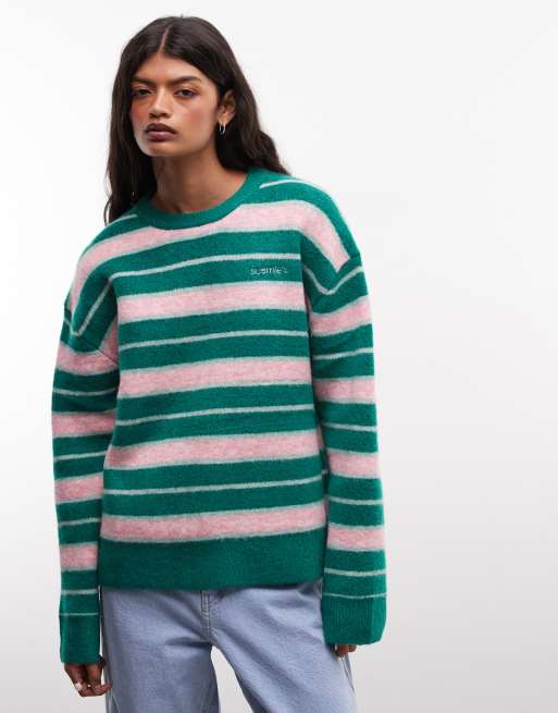 Susmies long sleeve fuzzy knit jumper in green pink stripe, 2 of 4