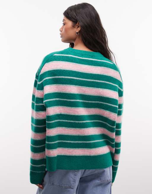 Susmies long sleeve fuzzy knit jumper in green pink stripe, 4 of 4