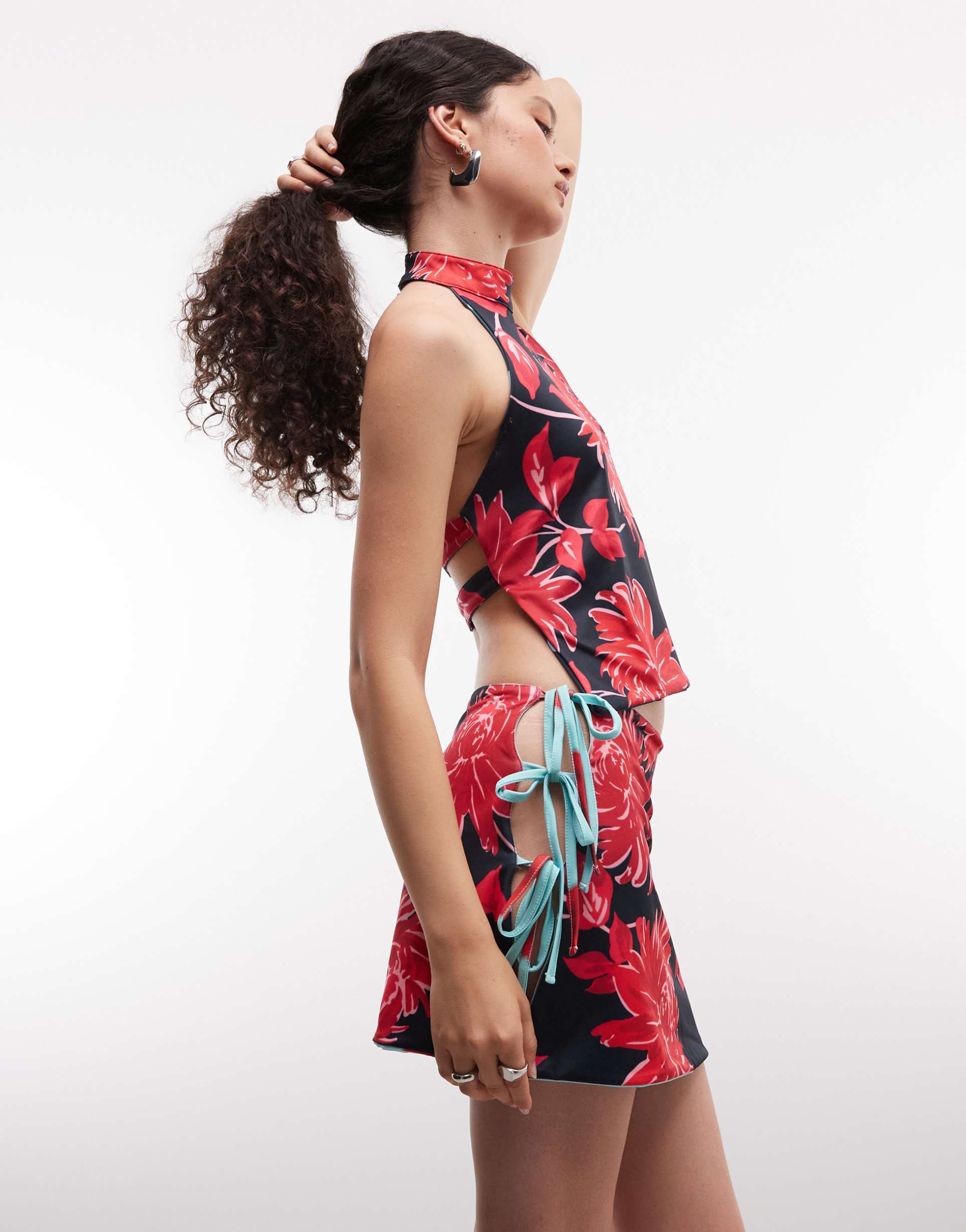 susmie's mambo reversible tie side mini skirt in floral graphic - part of a set