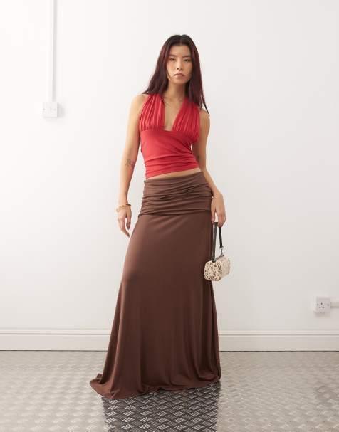Susmies mila fold over slinky cupro midaxi skirt in brown - view 1