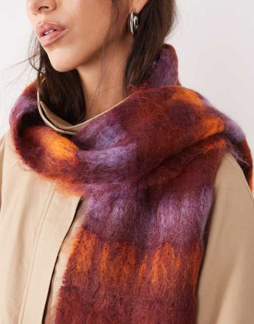 Susmie's mohair blend fuzzy scarf in brown purple check, 2 of 3