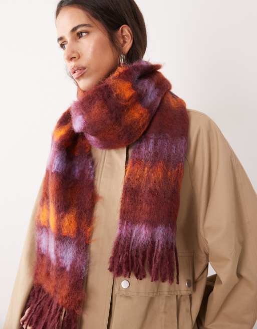 Susmie's mohair blend fuzzy scarf in brown purple check, 3 of 3