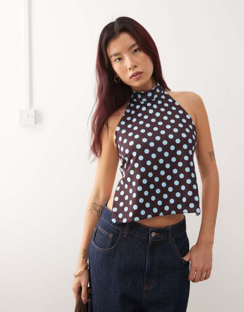 Susmies reversible polka dot floral halterneck top in blue and brown - view 1