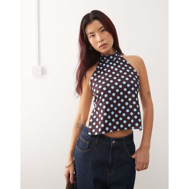 Susmie's reversible polka dot floral halterneck top in blue and