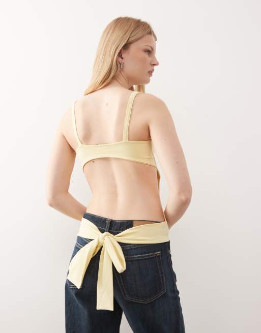Susmie's Romy singlet top with open back and tie in butter yellow, 3 of 4