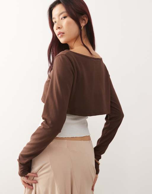 Susmies Sophie crop overlay long sleeve top in brown, 4 of 4