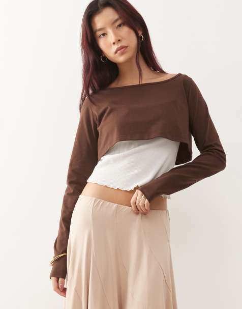Susmie's sophie cropped overlay long sleeve top in brown - view 1