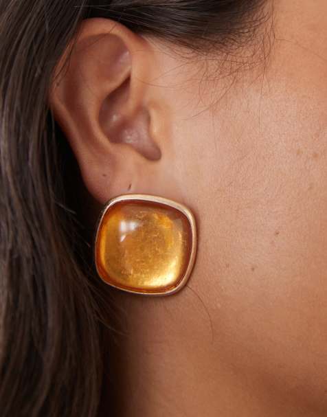 Susmie's Sunset chunky stone earrings in faux amber and gold tone - view 1