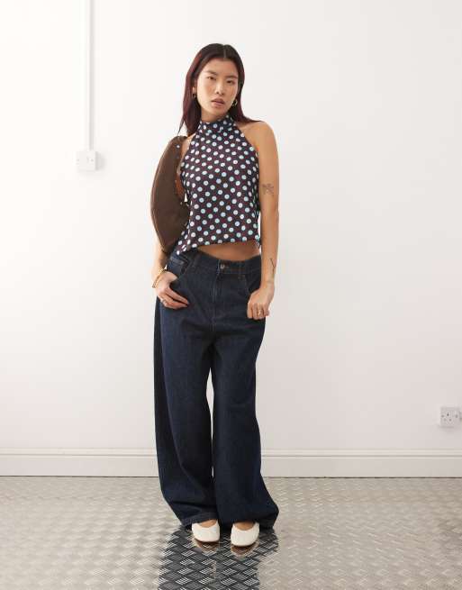 Susmie's top dos nu réversible à pois et fleurs bleu et marron, 3 de 4