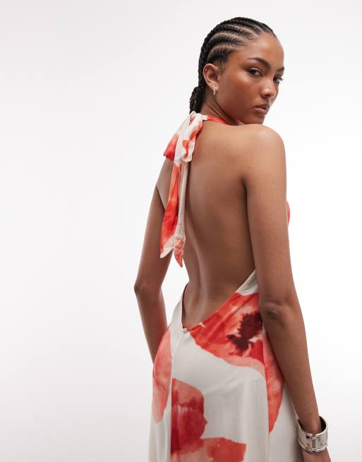 Susmies - Vestito lungo allacciato al collo bianco e rosso con stampa di papaveri, 2 di 4