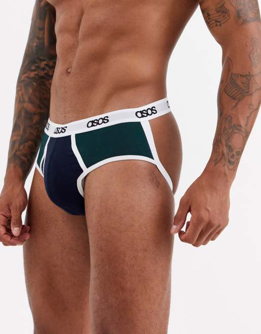 Suspensorio caqui y azul marino con diseño de paneles cosidos y logo en la cinturilla de mezcla de algodón de ASOS DESIGN - MGREEN, 2 de 4