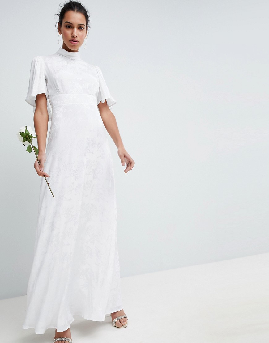 фото Свадебное платье макси из мягкой жаккардовой ткани с расклешенными рукавами asos edition-белый