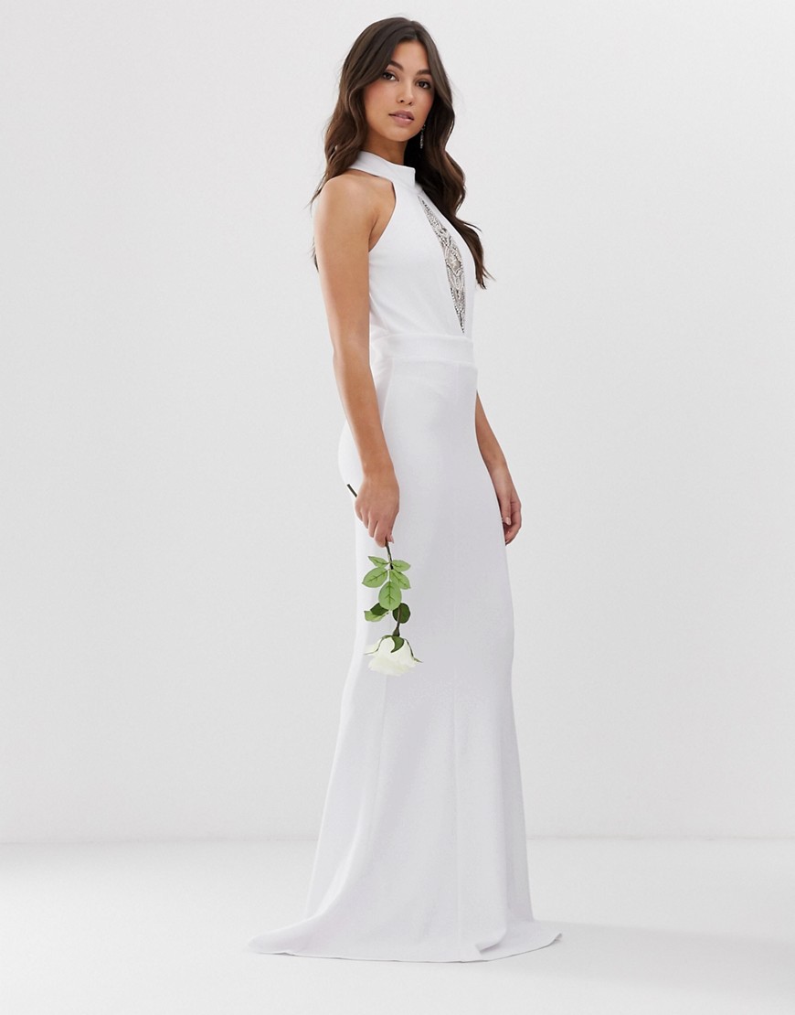 фото Свадебное платье макси с халтером, кружевными элементами и подолом годе city goddess-белый