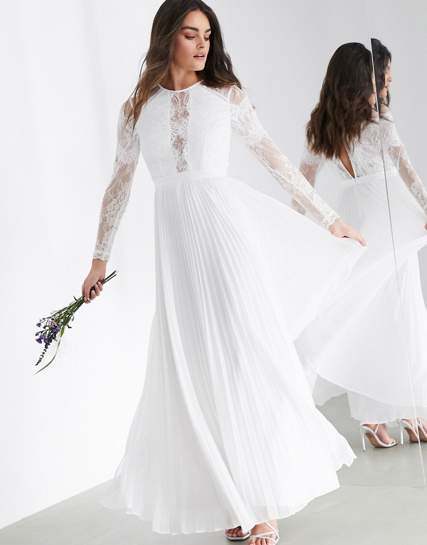 фото Свадебное платье макси с кружевным лифом, длинными рукавами и плиссированной юбкой asos edition-белый