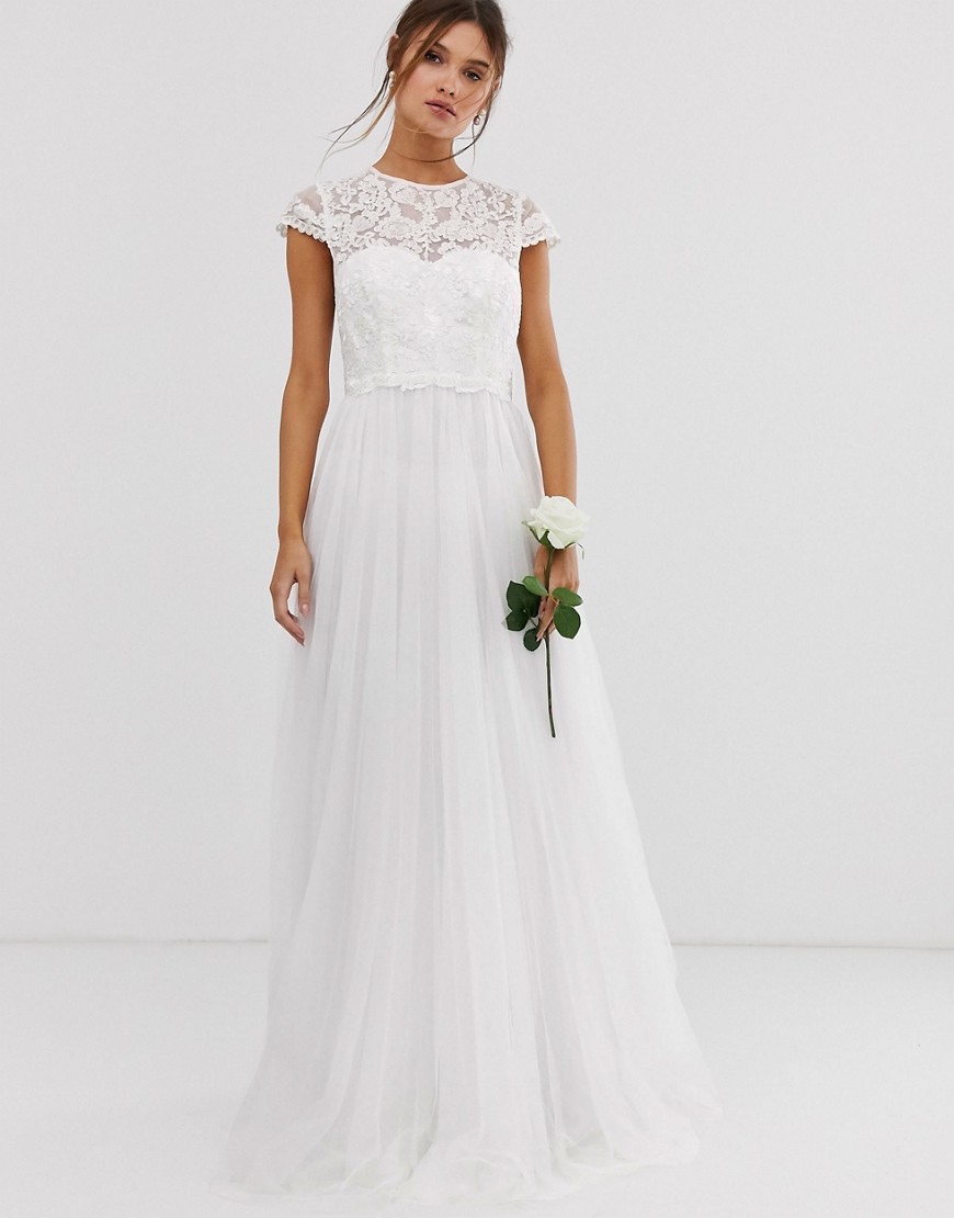 Свадебное платье с декорированным лифом и сетчатой юбкой ASOS EDITION-Белый