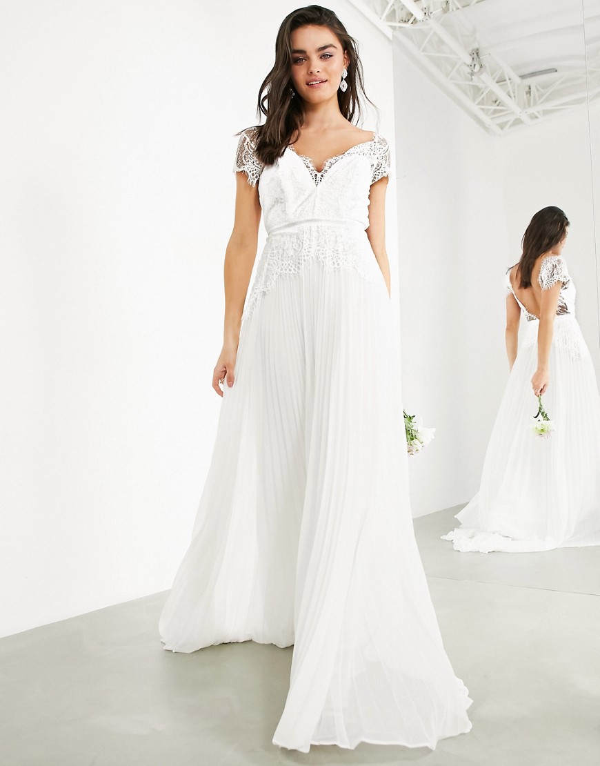 Свадебное платье с кружевом, глубоким вырезом и плиссированной юбкой ASOS EDITION Sophia-Белый
