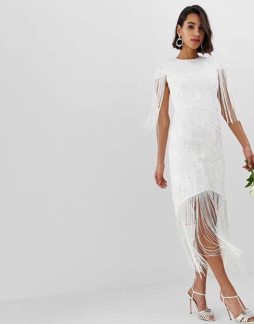 фото Свадебное платье с вышивкой и бахромой asos edition-белый