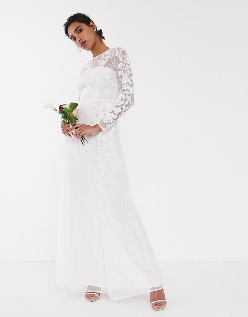 фото Свадебное сетчатое платье с цветочной вышивкой asos edition-белый