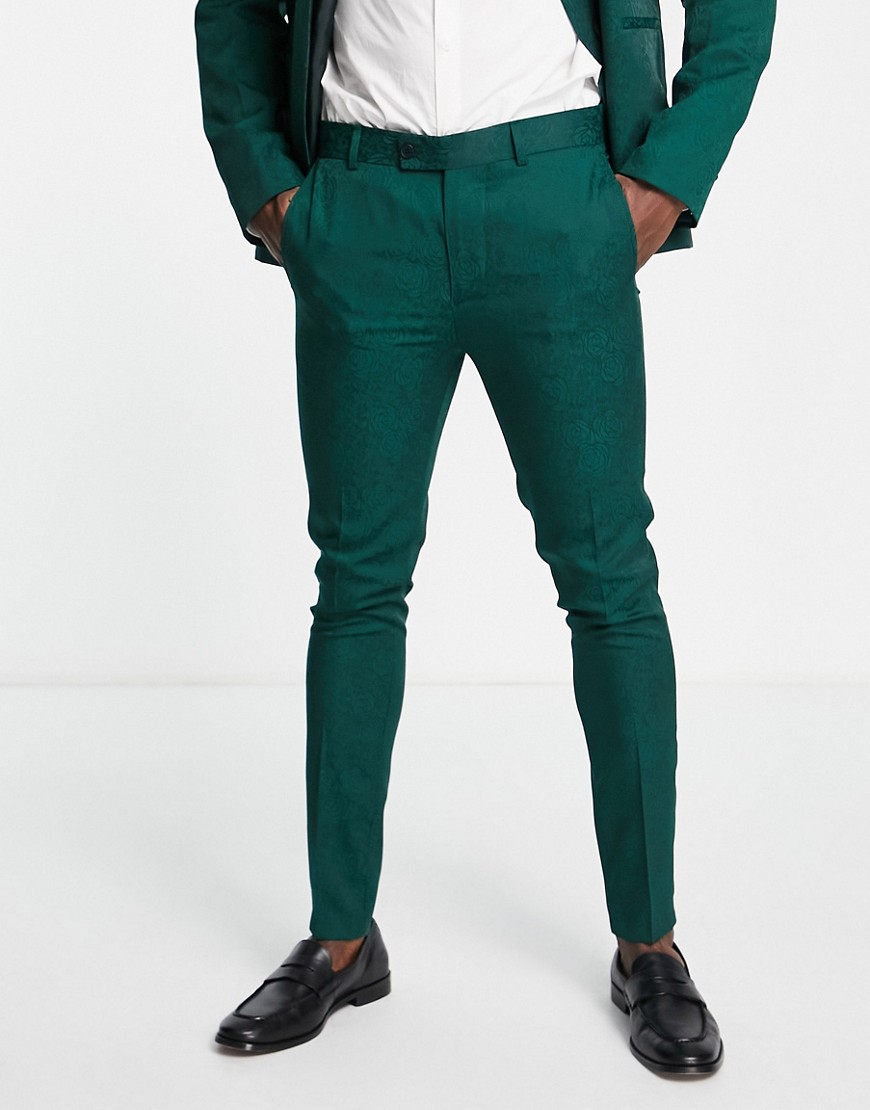 фото Свадебные жаккардовые брюки зауженного кроя под смокинг с цветочным узором bolongaro trevor-зеленый цвет
