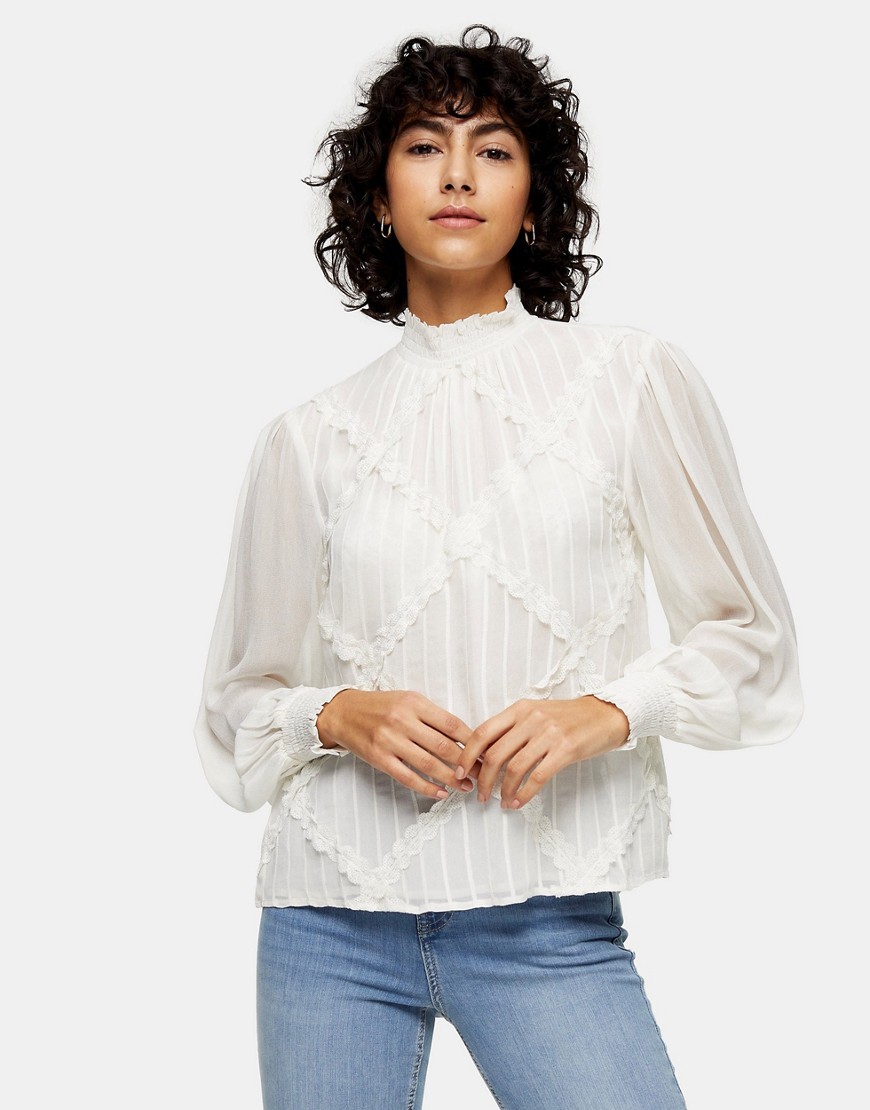 Светло-бежевая блузка с декоративной тесьмой Topshop-Белый