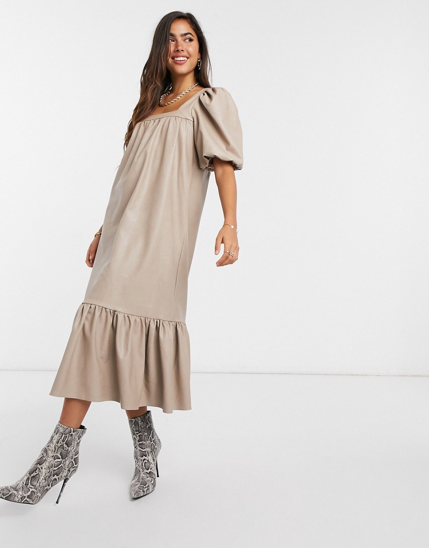 Светло-бежевое платье-трапеция миди под кожу с квадратным вырезом и оборкой ASOS DESIGN-Кремовый