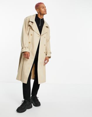  Светло-бежевый длинный двубортный тренч из легкого хлопка ASOS DESIGN-Светло-бежевый цвет