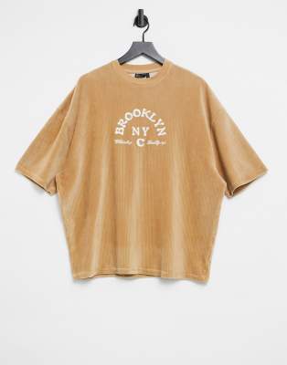 фото Светло-коричневая oversized-футболка из вельвета с принтом "brooklyn" asos design-бежевый