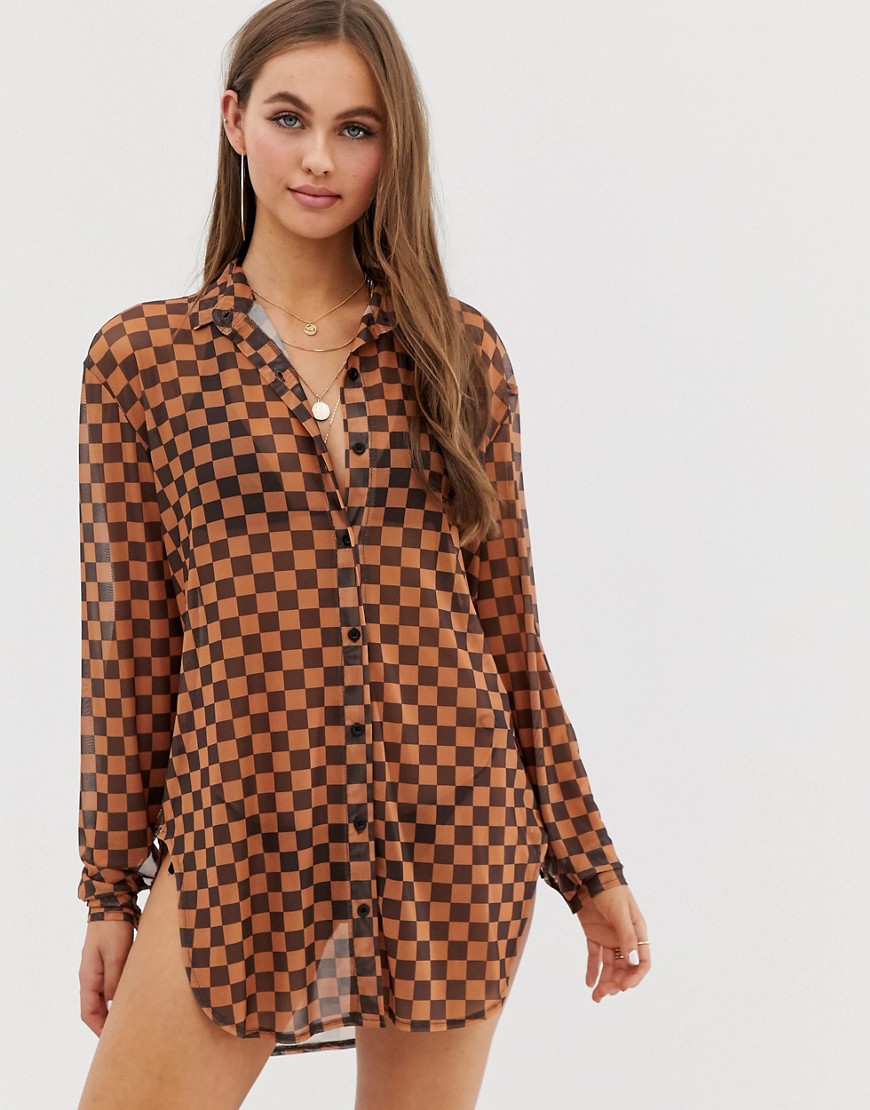 фото Светло-коричневная сетчатая пляжная рубашка в шахматную клетку motel-мульти