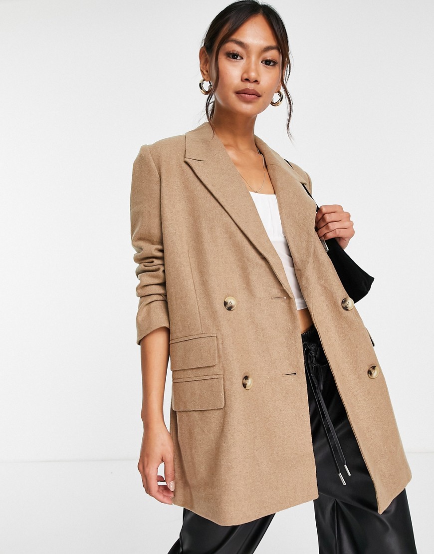 фото Светло-коричневый шерстяной двубортный пиджак selected femme-коричневый цвет