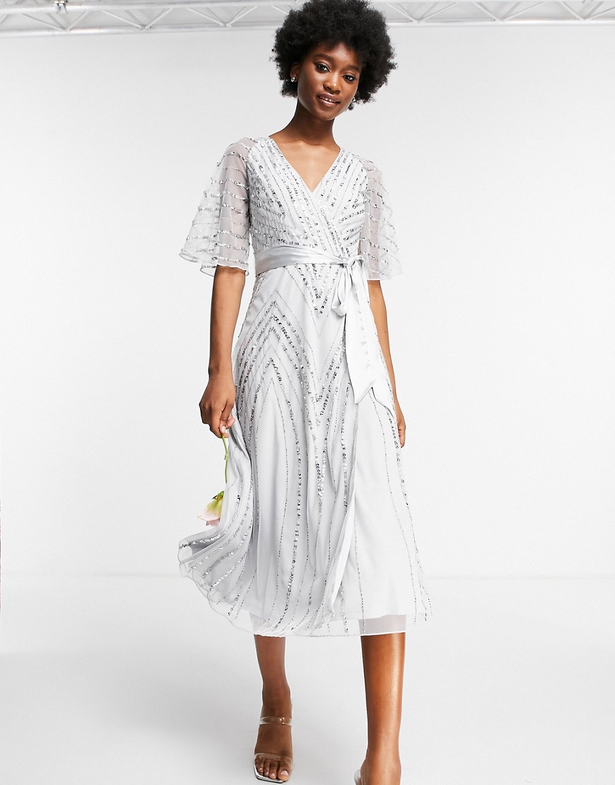 Светло-серое платье миди для подружки невесты с декоративной отделкой Bridesmaids-Серый Frock And Frill 103875413
