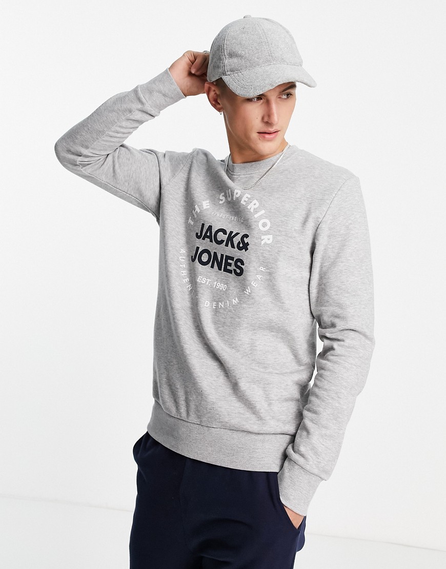 Светло-серый свитшот с круглым вырезом и логотипом Jack & Jones 11855949