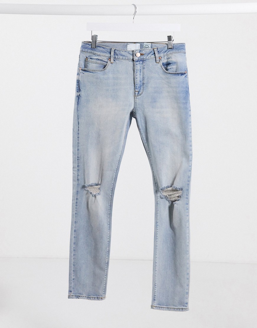 фото Светлые джинсы скинни из денима плотностью 12,5 унции с рваным коленом asos design-синий