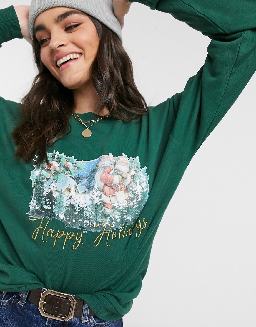 фото Свитшот в новогоднем стиле с принтом "happy holidays" и вышивкой asos design-зеленый цвет