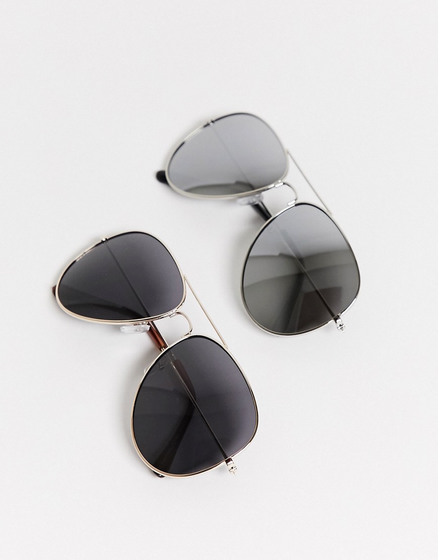 SVNX 2 pack aviator sunglasses in black and silver-Gold