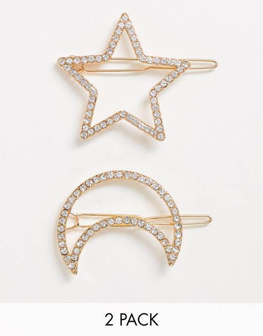 SVNX 2 pack embellished star and moon hair clips