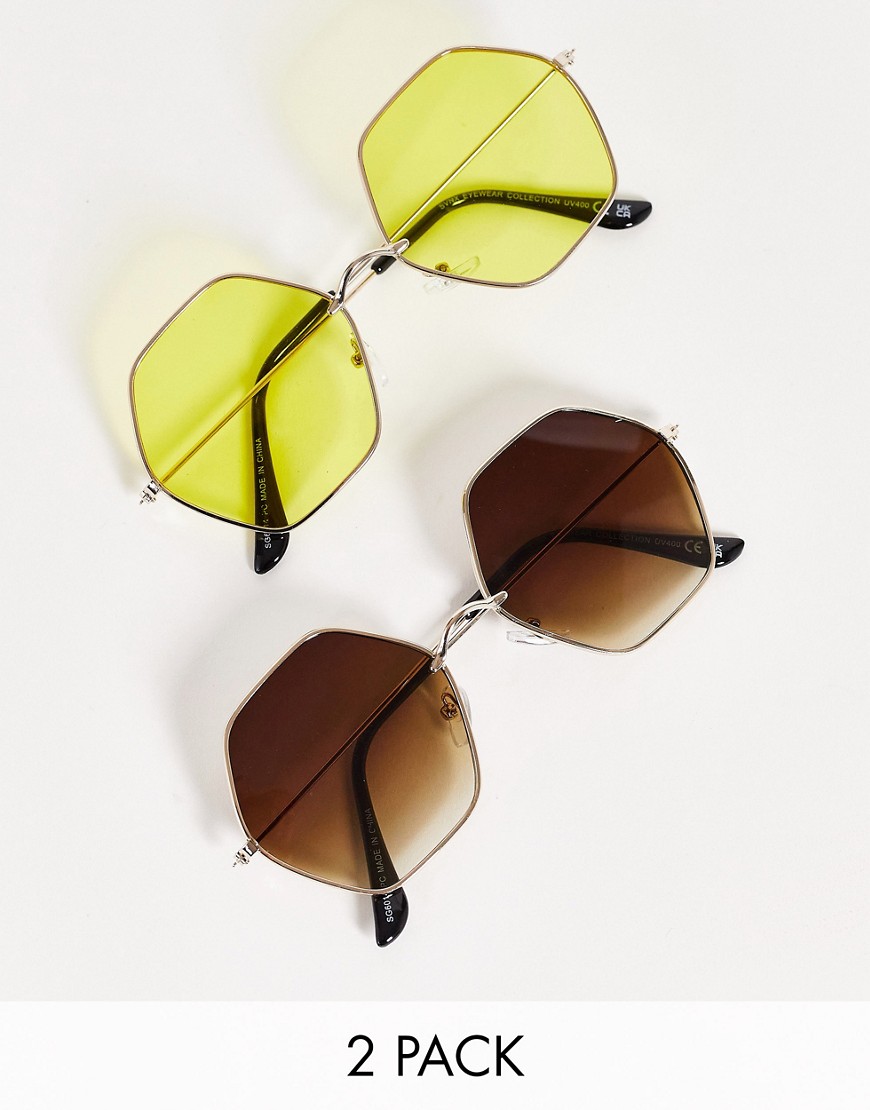 SVNX 2-pack hexagon sunglasses in brown ombre with yellow lens-Multi