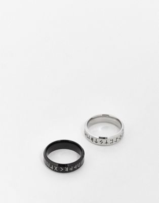 SVNX 2 pack of rings in gunmetal and silver with symbols