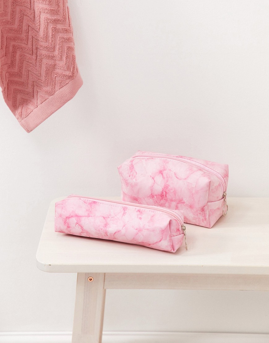 SVNX – 2-pack rosa sminkväskor med marmormönster-Flerfärgad